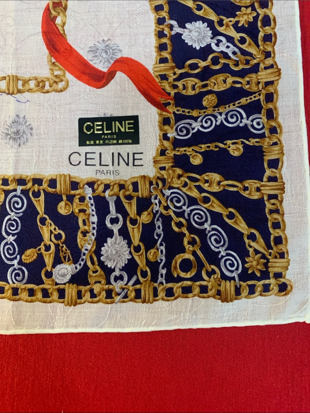 NWT Celine White Cotton Scarf with Red Ribbon and Navy Gold Chain Border - Picture 3 of 6